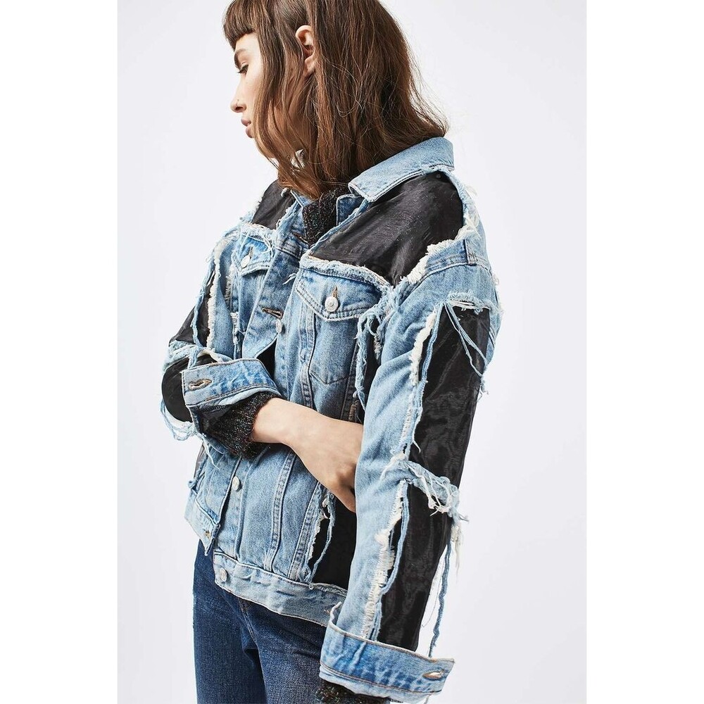 Top Shop Moto Women’s Demin Jacket  Cutout With Organza Panels Size 10